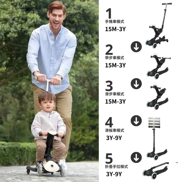 GLOBBER GO•UP 5合1夢幻版360度多功能三輪滑板車(白光發光前輪)-巴黎No.7優雅黑