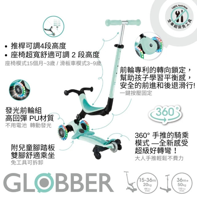 GLOBBER GO•UP 4合1運動版360度多功能三輪滑板車-LED發光前輪(多款)