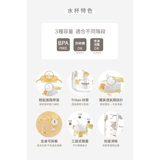 Richell 利其爾 Aqulea第5代吸管水杯200ml(多款)